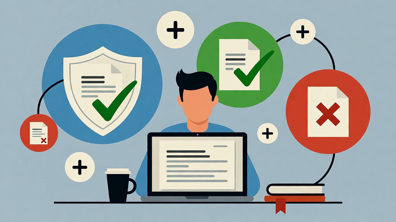 Illustration of a person working on a laptop surrounded by icons representing document approval and rejection, with green checkmarks, red crosses, and a security shield symbolizing data protection, file validation, and secure document management in a digital workspace.